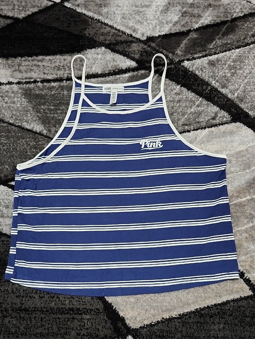 VS PINK SUPER-SOFT 2017 NAVY BLUE STRIPES EMBROIDERED CROPPED TANK-TOP